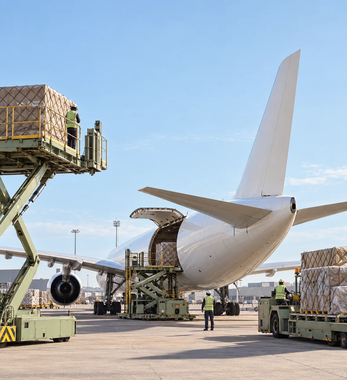 Cargo aircraft and loading equipment at a freight terminal