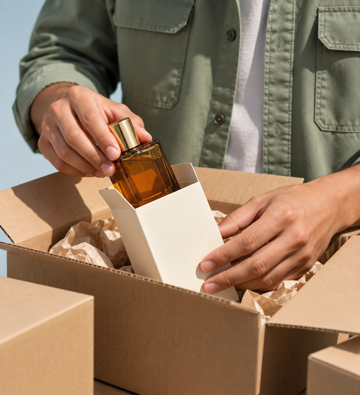 Perfume bottle being carefully packed for export