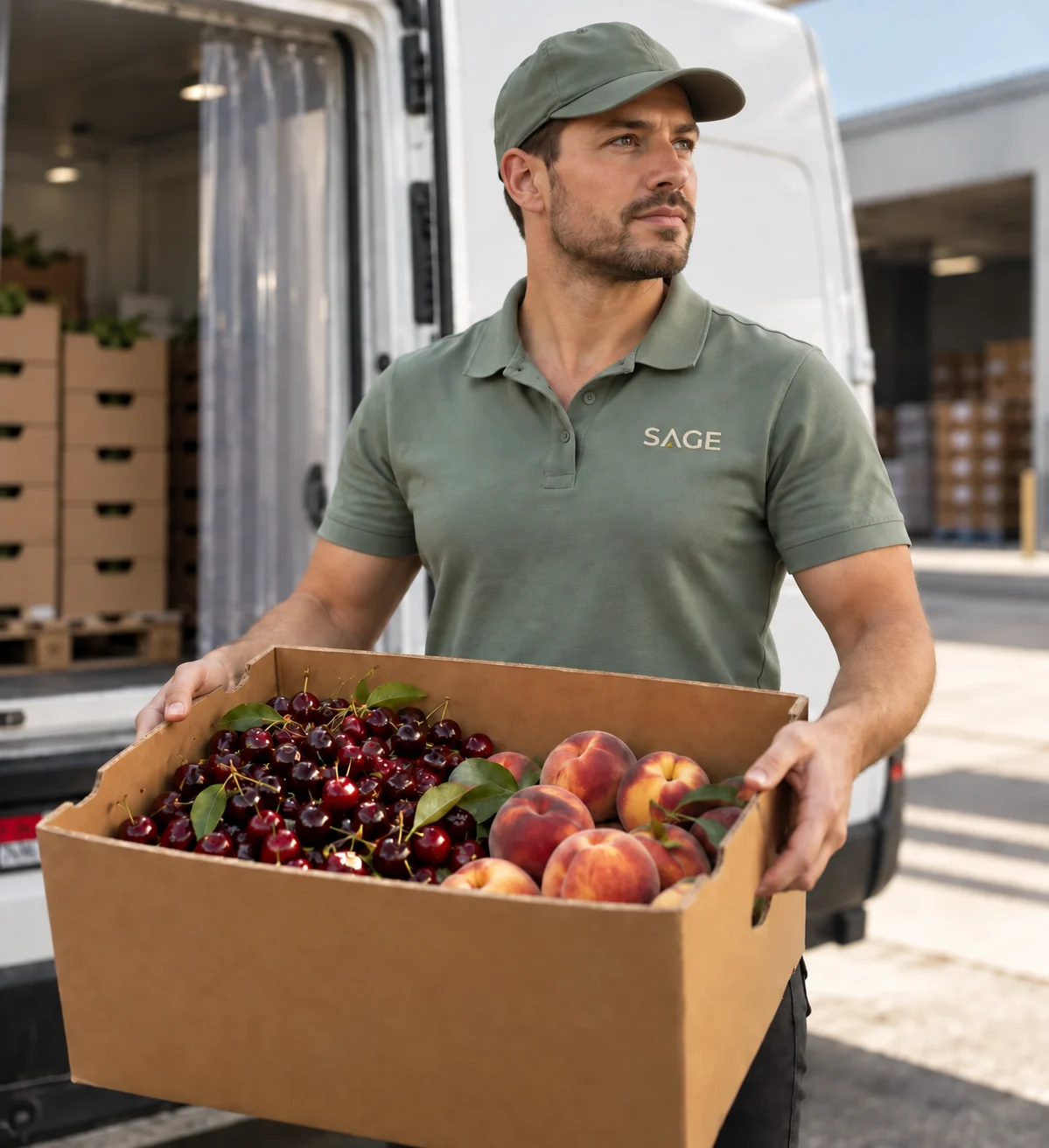 Produce handler carrying cherries and peaches beside a refrigerated van