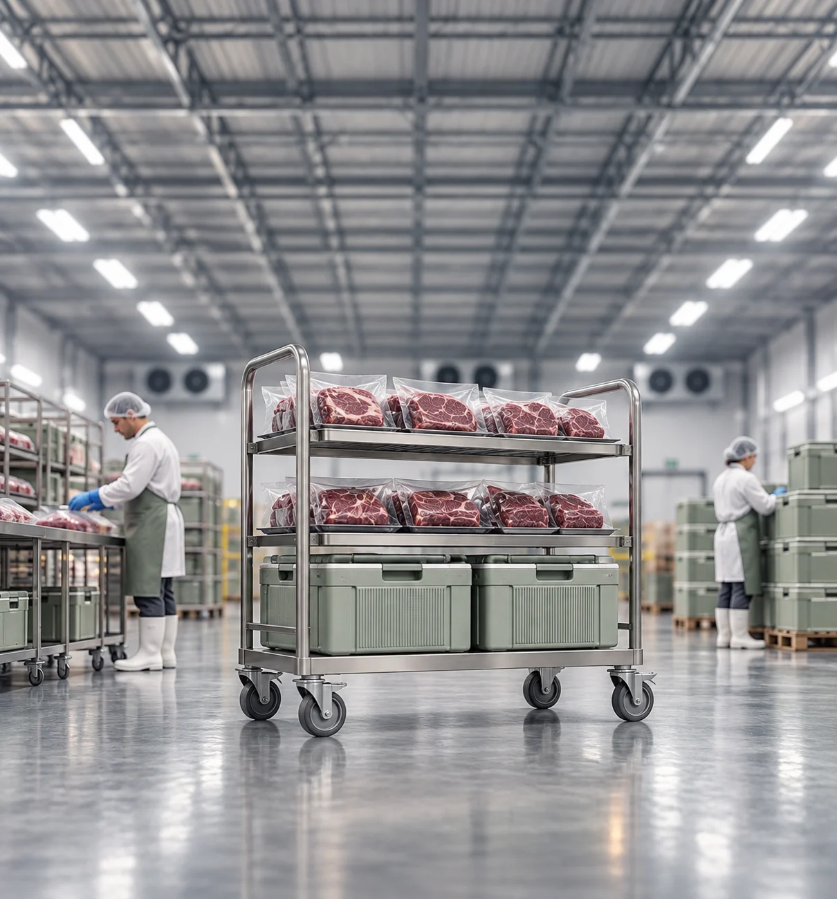 Sealed beef cuts and insulated containers in a chilled export packing room